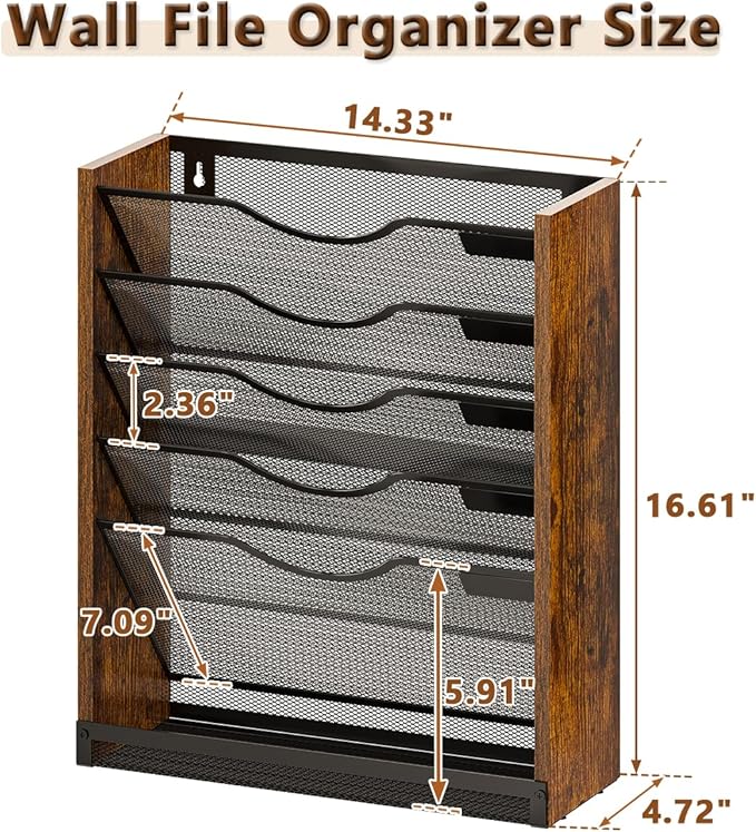 6-Tier Wall File Organizer with Bottom Tray, Ironwood Mail Organizer Wall Mounted with Metal Mesh, Document Organizer for Paper, Folder, Magazine, Office Desk Accessories for Home Cubicle Countertop
