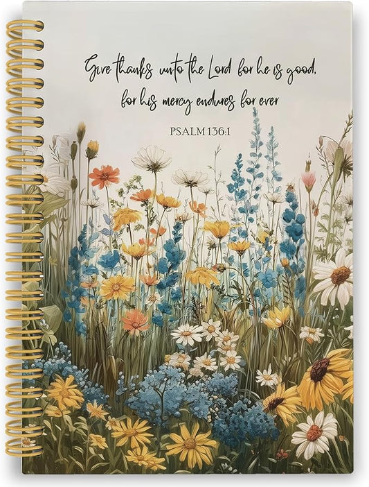 XPH Floral Christian Spiral Notebook, Bible Verse Psalm 136:1 Journaling Notebooks for Note Taking, Religious Hardcover Journal for Writing 160 Pages 5.5 x 8.3 Inch, Christian Gifts for Women