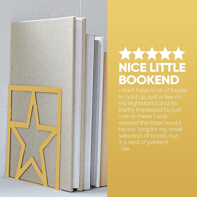 GEOMOD Star Gold Metal Bookends Decorative - Tall Sturdy Book Ends for Shelves - Modern Heavy Duty Bookend Stopper - Office or Home Book Shelf Book Holder - 6x3.2x6.3 Inches - 2 Pair