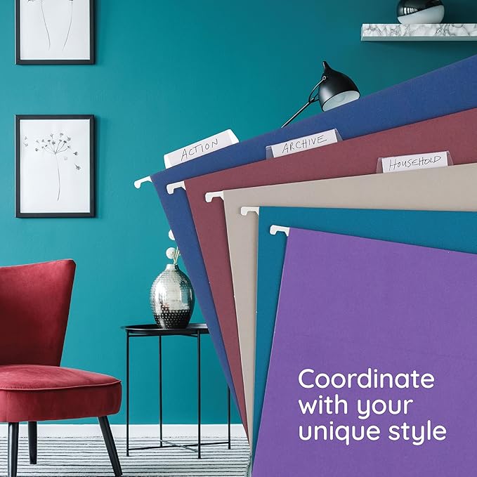 Blue Summit Supplies 25 Jewel Tone Hanging File Folders Letter Size with Tabs, Reinforced Hanging File Folders Jewel Tone, Includes Plastic Tabs and Inserts