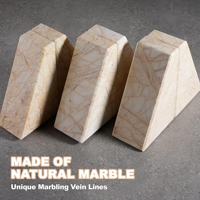 Marble Bookends，Natural Decorative Bookend for Shelves, Non-Skid Book End for Heavy Books, Idea Book Stoppers & Holder for Desk Bookshelf Decor, Modern Home Decor Cream Color Book Ends, Set of 2
