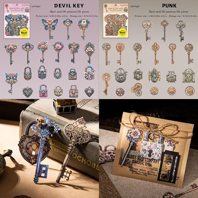 120 PCS Vintage Textured Cardstock Hollowed Key and Lock Stickers, Aesthetic Decorative Key and Lock Scrapbook Stickers for DIY Diary Junk Journal Handbook Journaling Scrapbooking Supplies Kit