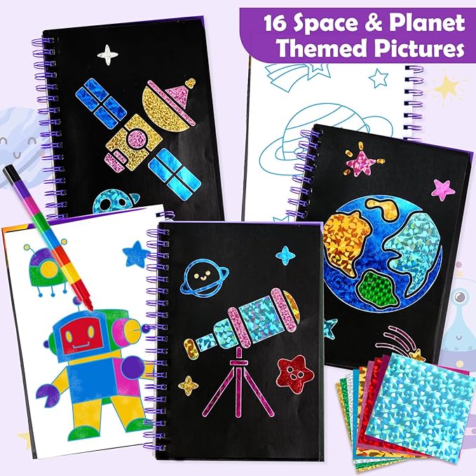 FUNNYB&G Foil Art Craft for Kids - Christmas Crafts Gift Party Favors Stocking Stuffers for Kids Fun Art Supplies Creative Birthday Gift Travel Toys for Girls Boys 4 5 6 7 8 9 Years Old (Space)