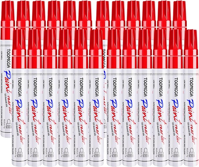 Red Paint Pens Permanent Paint Markers - 24 Pack Oil Based Marking Pens, Medium Point, Quick Drying and Waterproof for Rock Painting Car Tyre Metal, Plastic, Canvas, Wood, Glass