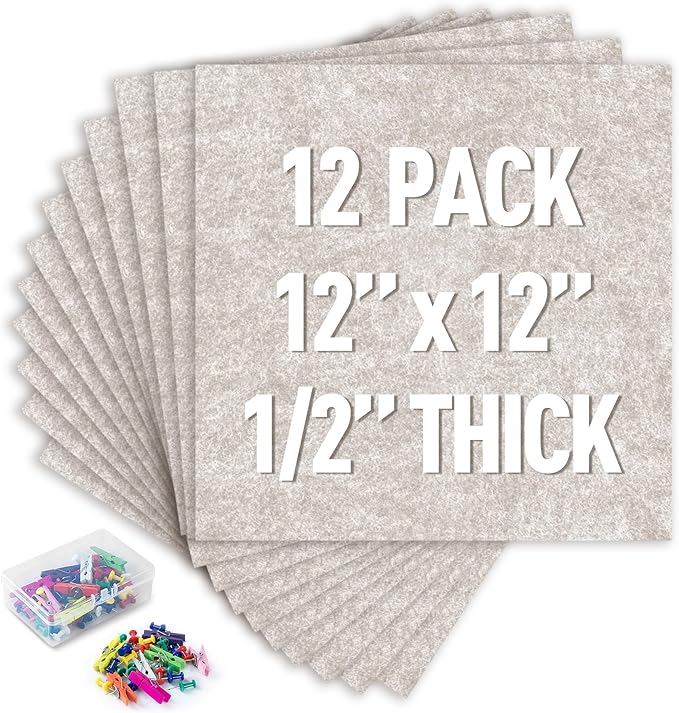 AKTOP Cork Bulletin Board 12x12, 1/2" Thick Felt Cork Board Tiles 12 Pack, Small Square Pin Board for Wall, Self Adhesive Corkboards with 120 Push Pin Wood Clips for School, Home & Office, Latte