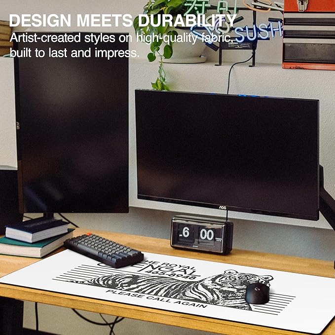 MPCO. OZGMX Large Gaming Desk Pad - 36" x 17" Duraglyde Fabric Royal Bengal White Desk Mats - Non-Slip, Washable, Smooth Glide for Precision Gaming & Work