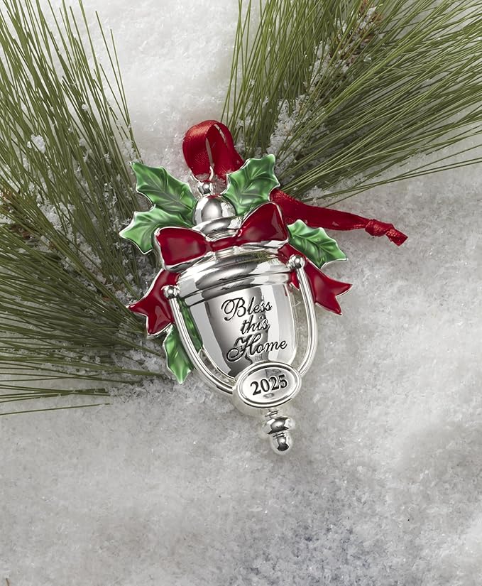 Lenox Ornament, 2025 Bless This Home Silverplate Ornament, Made of Silverplate/Stainless Steel, Christmas Tree Decorations with Red Ribbon for Hanging, Festive Winter Decorations (Silver, 1 Piece)
