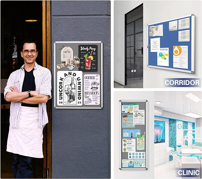 SWANCROWN Lockable Notice Board Tamperproof Enclosed Display Board for Home Office School,Wall-Mounted,Blue Fabric,26x20inch(4xA4)