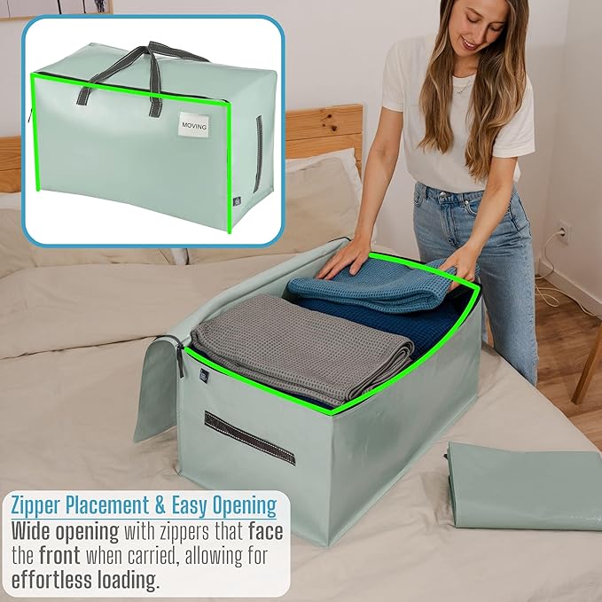 VENO 2 Pack Moving and Storage Bags, Heavy Duty, Alternative to Moving Boxes, Large Packing Totes Supplies for College Dorm Room with Zipper for Clothes, Wide Open Design (Shiny Light Green, 2 Pack)