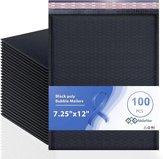 Black Poly Bubble Mailers 7.25x12 inch #1 | Self Seal Padded Envelopes | Cushioned Bubble Mailer | Usable Size 7.25x11 | WaterProof | Lightweight mailing Shipping Bags | 100 Pack Bulk | Made in USA