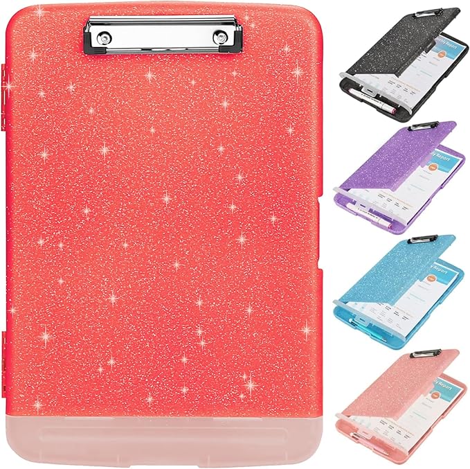 Glitter Clipboard with Storage,Storage Clipboard with Pen Holder,A4 Binder Clip Boards 8.5x11 with Low Profile Clip,Side Opening Sparkle Clipboards,Clipboards Folder for Office Supplies-Grapefruit Red