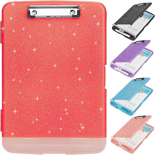 Glitter Clipboard with Storage,Storage Clipboard with Pen Holder,A4 Binder Clip Boards 8.5x11 with Low Profile Clip,Side Opening Sparkle Clipboards,Clipboards Folder for Office Supplies-Grapefruit Red