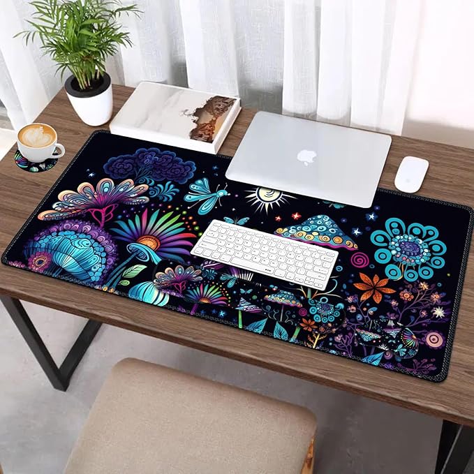 AIMSA Large Gaming Mouse Pad Set, Keyboard Wrist Rest Support+ Extended Mousepad+ Mouse Wrist Cushion+Coaster, Ergonomic Multifunctional Desk Mat 35x15.7in, Colorful Abstract Mushrooms