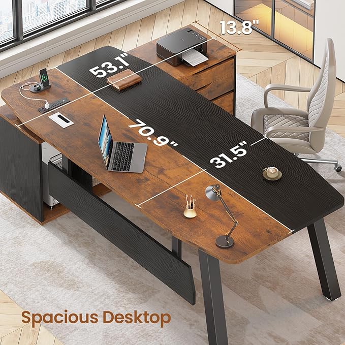 SEDETA 71" Executive Desk with File Cabinet, Large Office Desk with Drawers and Shelves, L Shaped Computer Desk with Power Outlets, Business Furniture Desk Workstation for Home Office, Brown