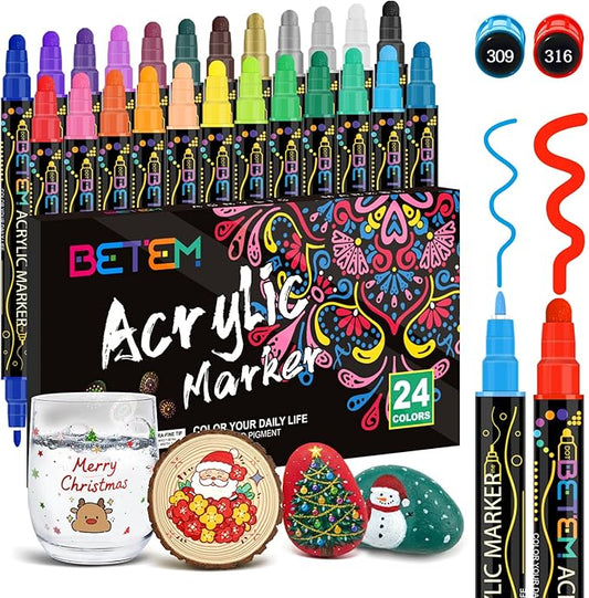 Betem 24 Colors Dual Tip Acrylic Paint Pens Markers, Premium Acrylic Paint Markers Stocking Stuffers for Rock, Wood, Fabric, Glass, Canvas, Ceramic, Christmas Gifts for Teens DIY Crafts Art Supplies