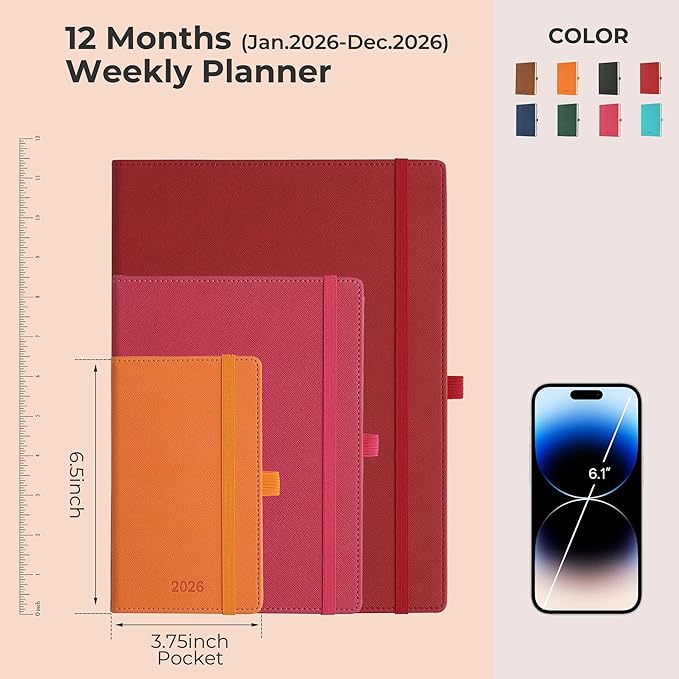 Weekly Monthly 2026 Planner (Jan.26-Dec.26),6.5"x3.75",12 Months Agenda Plan with Month Tabs & Pocket,Expenses/Note Pages, Appointment Book Calendar with Vegan Leather Cover,Rose Red