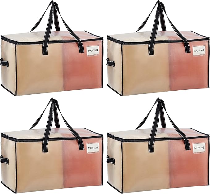 VENO 4 Pack Moving Bags, Comforter and Blanket Storage Bags for Closet, Moving Boxes, Boxes with Lids Alternative, College Dorm Packing Supplies, Foldable Heavy-Duty Tote with Window (Clear, 4 Pack)