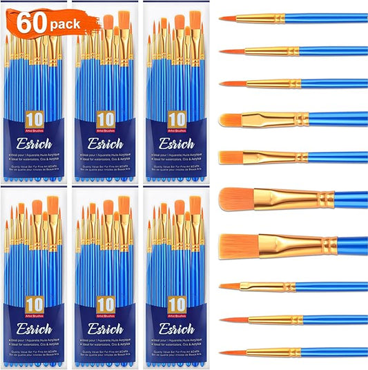ESRICH Paint Brush Set,6 Packs 60 Pcs Nylon Hair Paint Brushes for Acrylic Painting,Artist Paintbrushes for Acrylic,Oil,Watercolor Painting,Face Nail Art,Paint Brushes for Kids,Blue