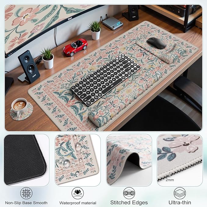iCasso Mouse Pad with Wrist Rest,Large Desk Mat Set,Ergonomic Keyboard Pad with Wrist Support,Non-Slip Mouse Mat for Women,Cute Floral Computer Mat for Home Office Gaming (Pink Floral)