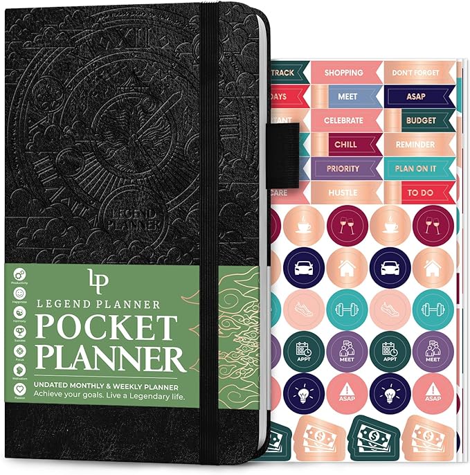 Legend Planner Pocket – Small Undated Monthly & Weekly Goal Journal and Calendar for Productivity, Mini Life Organizer Planner Perfect for Purse, Size: 3.5" x 6.2" Hardcover – Black