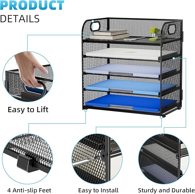 Marbrasse Desk Organizer - 5 Tier Paper Letter Tray, Mesh File Organizer with Handle for Office, School and Home