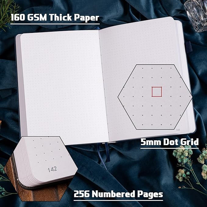 TIEFOSSI Bullet Dotted Journal Notebook, 160gsm 256 Numbered Thick Paper, A5 Hardcover Dotted Grid Diary for Women Men Work Writing, Bullet Journaling, Drawing, 5.8 x 8.3 in