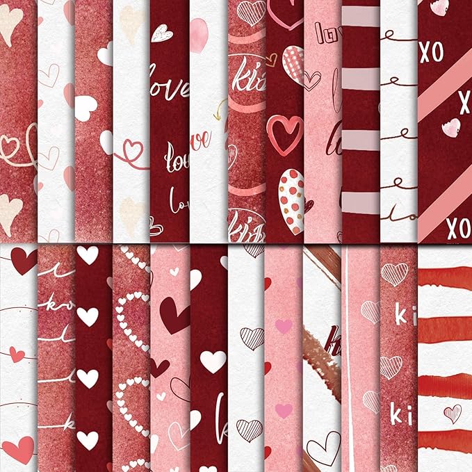 48Pcs Heart Pink Scrapbook Paper Pad, 12x12 Inch Watercolor Love Decorative Craft Paper for Junk Journal Supplies, DIY Cards, and Photo Albums, Aesthetic Craft Supplies for Kids and Adults