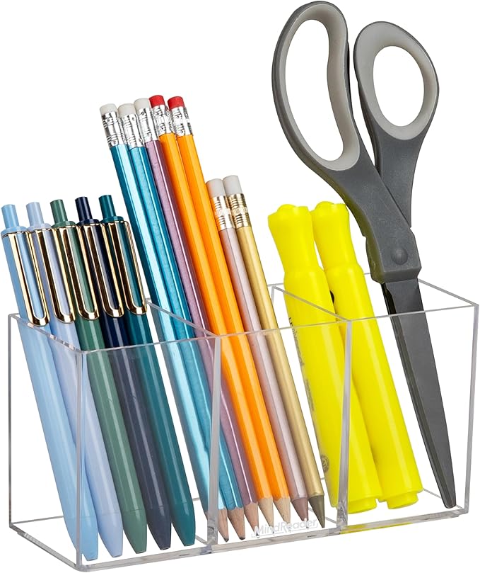 Mind Reader Pen and Accessories Holder, Desktop Organizer, Makeup Organizer, Office, Acrylic, 7" L x 2.5" W x 3.5" H, Clear