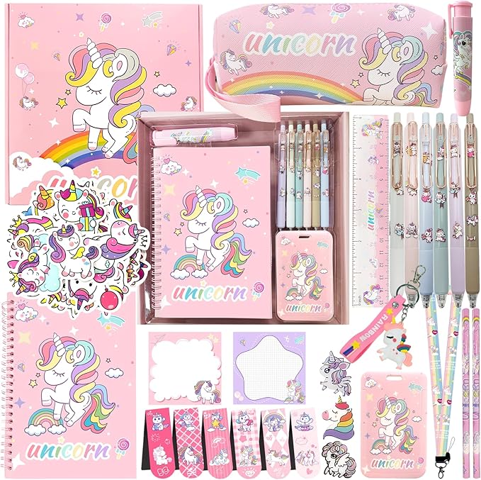 Unicorn cute School Supplies Kawaii Stationery Present Set , Including Ballpoint Pens, Pencil Case, ID Badge Holder, Stickers, Key Chain, A5 Notebook, Bookmark, Eraser, Ruler for Girls Teens