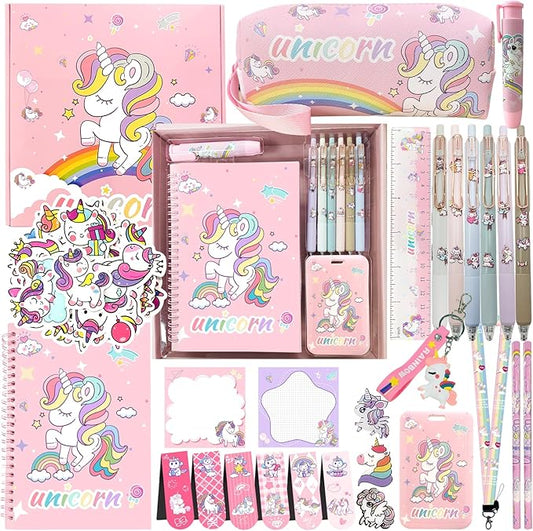 Unicorn cute School Supplies Kawaii Stationery Present Set , Including Ballpoint Pens, Pencil Case, ID Badge Holder, Stickers, Key Chain, A5 Notebook, Bookmark, Eraser, Ruler for Girls Teens