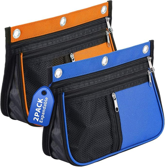 Sooez Pencil Pouch for Binder, Expandable Zipper Pencil Pouch, Fabric Pencil Pouches Binder Pockets, Large Capacity Binder Pouch, Pencil Case for Binder, Pencil Pouch 3 Ring, 2 Pack-Blue & Orange