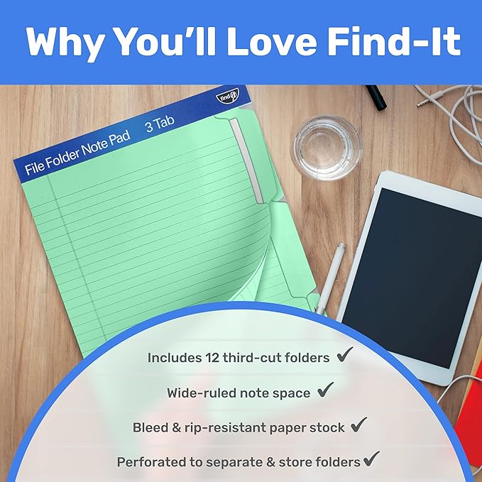 Find It File Folder Notepad - Pack of 12-9.5 x 12.5 Inch Notebook Organizer Folders for Filing, Document, and Clipboard Organization - Green