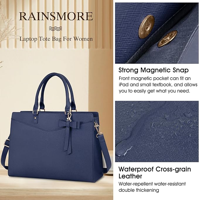 RAINSMORE Laptop Bag for Women 15.6 Inch PU Tote Bag Business Office Work Bag Waterproof Briefcase Computer Tote Lightweight Handbag Shoulder, Blue