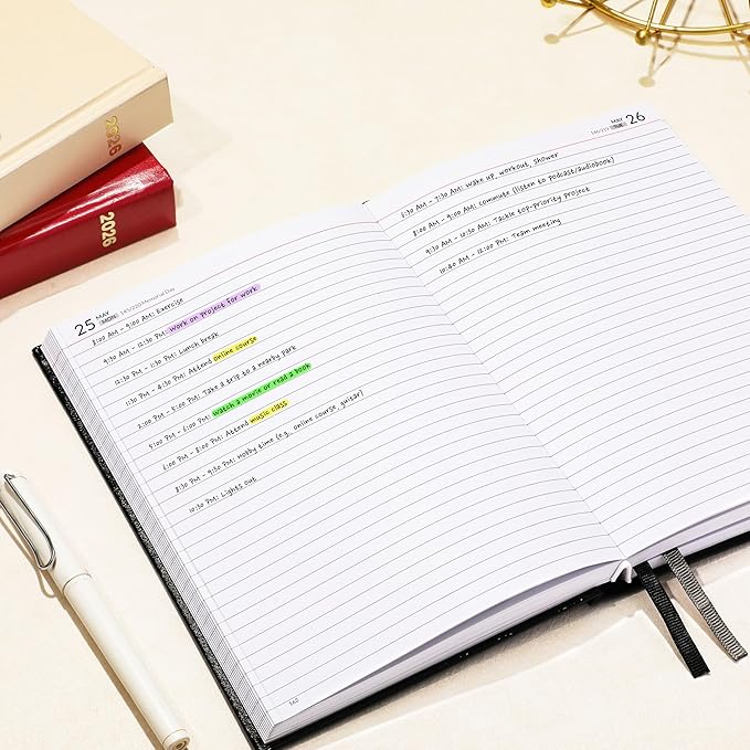 SUNEE 2026 Daily Planner Hardcover - Journal Organizer for Work & School - Daily Page Layout with Holidays, Notes - 100gsm No-Bleed Paper Agenda for Women & Men, Black