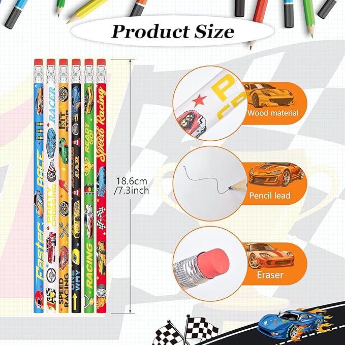 Cinrobiye 100 PCS Racing Car Pencils Race Cars Stationery Pencils Bulk with Eraser for Car Themed Birthday Party Favors Supplies School Classroom Office Giveaways Prizes Carnival Prize Game Gifts