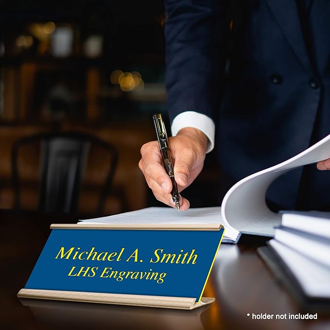 Engraved Door Signs for Office Personalized Blue Plastic Door Plaque with Yellow Letters - Made in USA 2x6 B20