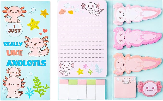 Xqumoi I Just Really Like Axolotl Sticky Notes Set, 550 Sheets, Animal Mexican Walking Fish Shaped Self-Stick Notes Pads Divider Tabs Bundle Writing Memo Pad Page Marker Back to School Office Supplies