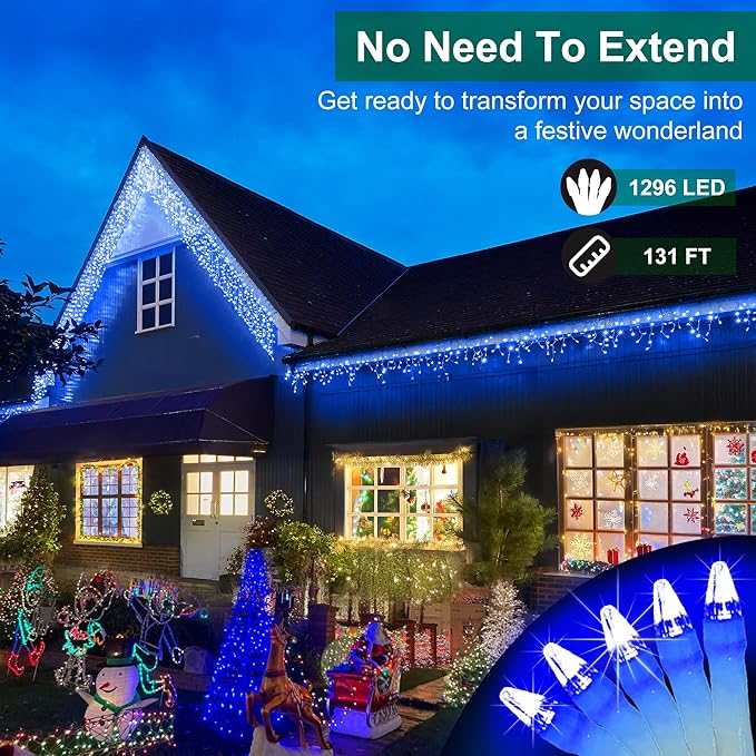 1296 LED Outdoor Christmas Lights with 288 Drops, 131FT Christmas Fairy Lights with 8 Modes Timer, Twinkly Lights IP44 Waterproof for Eaves Yard Room Holiday Wedding Party Decor (Blue)