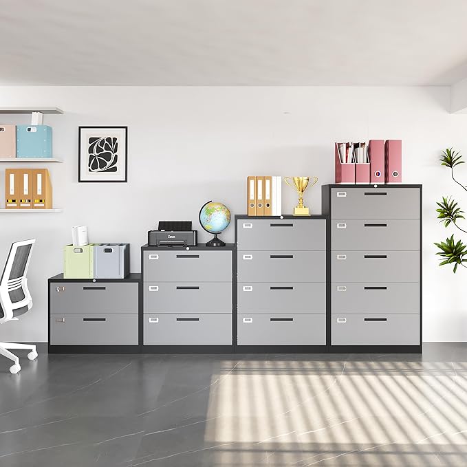 3 Drawer Lateral File Cabinet with Lock, Metal Steel Filling Cabinets for Home Office, Gray Lockable Storage Cabinet for Hanging Files Letter/Legal/F4/A4 Size-Assembly Required