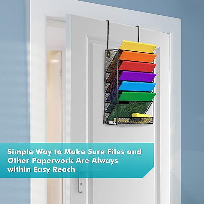 7-Tier Wall Hanging File Organizer Cubicle Hanging Organizer Mount File Holder, Mesh Magazine Document Mail Organizer Wall Organizer for Office School Home, Black