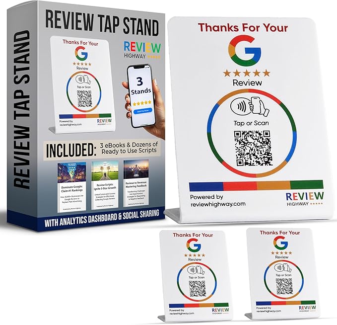 NFC Tap Stand (3-Pack) by Review Highway - Compatible with Google Reviews - NFC Tap & QR Scan for Instant Reviews - Boost SEO - iPhone/Android Compatible – Reusable and Zappy Fast (White, 3 Stands)