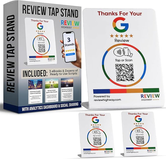 NFC Tap Stand (3-Pack) by Review Highway - Compatible with Google Reviews - NFC Tap & QR Scan for Instant Reviews - Boost SEO - iPhone/Android Compatible – Reusable and Zappy Fast (White, 3 Stands)