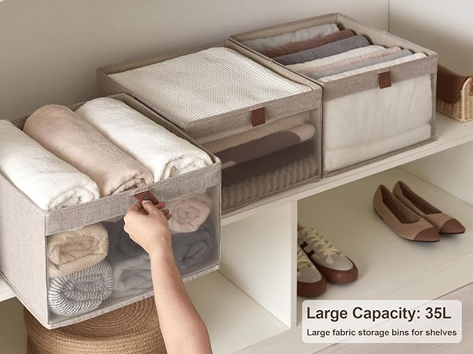 StorageWorks Closet Storage Bins, Extra Large Storage Baskets with Clear Window and Handles, Foldable Fabric Organizer for Clothes, Shelves, Brown and Beige, 3 Pack