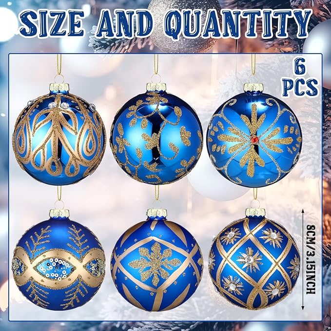 6 pcs 3.15 Inch Glass Luxury Christmas Ball Blue and Gold Ball Ornaments Glass Christmas Tree Decorations Luxury Hanging Ornaments for Xmas Tree Party Holiday Decor