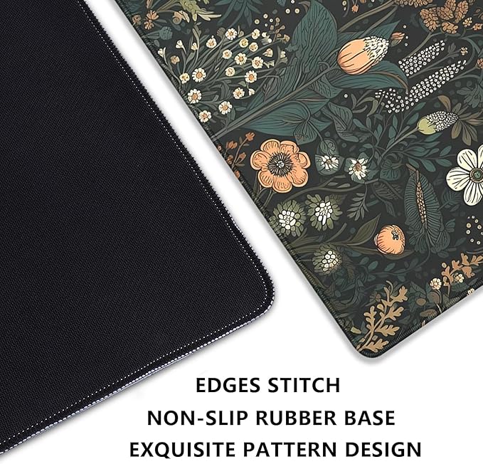 Dark Cottagecore Mouse Pad Floral Desk Pad,Botanical Mousepad, Vintage Desk Mat,Wildflower Mousepad with Stitched Edges Non-Slip Waterproof Rubber Base Mouse Mat for Office Work Home(27.5X11.8 in)