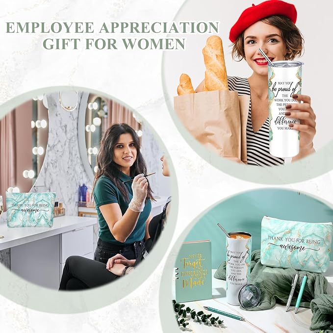 Domensi 6 Pcs Employee Appreciation Gift Set for Women Female Thank You Gift May You Be Proud 20 oz Rustic Marble Sign Tumbler Makeup Bag Journal for Teacher Nurse Lady Work Business(Green)