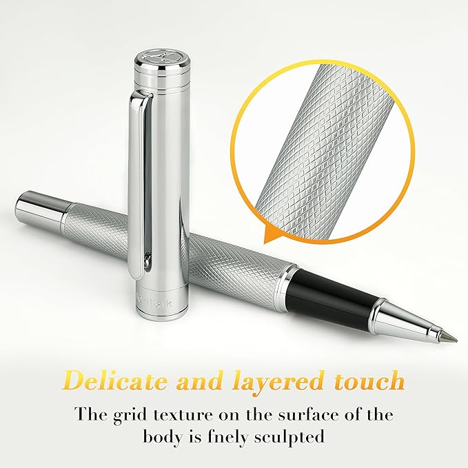 Silver Rollerball Pen, Stunning Luxury Pen with Mesh Texture Design, Bright Silver Chrome Finish, Schmidt refill, Nice Gift Set for Men & Women, Executive, Office, Graduation, Fancy Pens