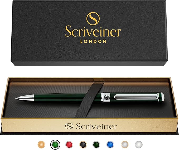 Scriveiner Green Ballpoint Pen - Stunning British Racing Green Luxury Pen, Chrome Finish, Schmidt Black Refill, Best Ball Pen Gift Set for Men & Women, Professional Executive Office, Nice Designer Pen