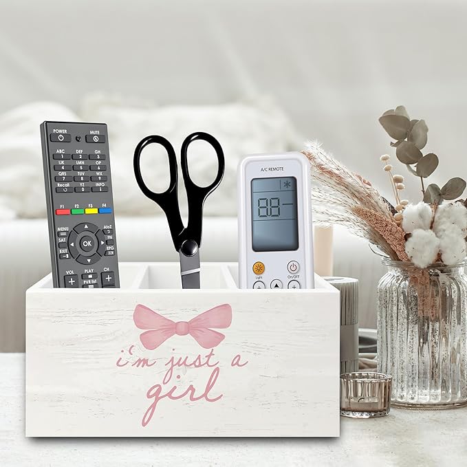 Pink Coquette Bow Preppy Pen Pencil Holder Organizer for Desk, Preppy Desk Decor, I'm Just a Girl Pink Wooden Box Sign for Girly Room Bedroom Dorm Tabletop Decorations