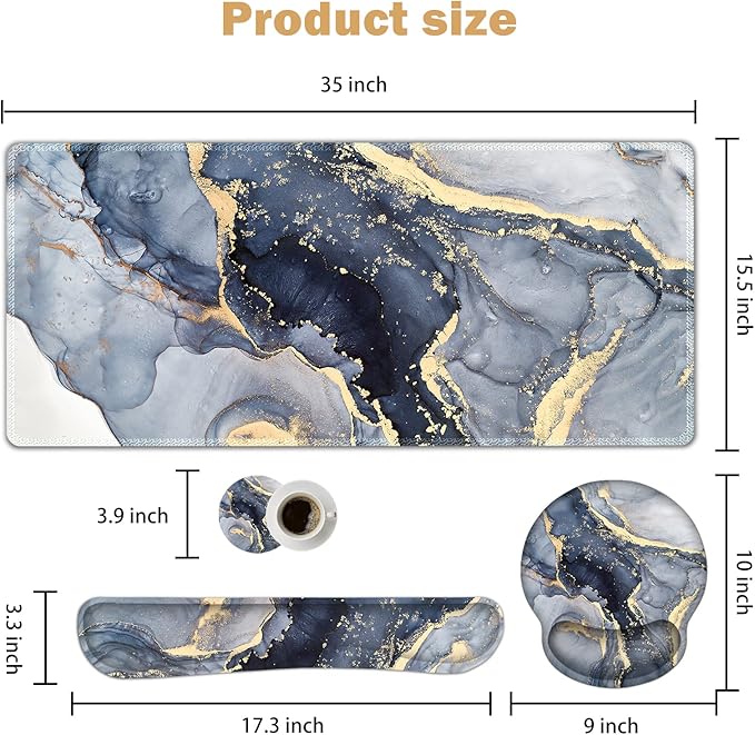 ARTSO Large Mouse Pad Ergonomic Keyboard Wrist Rest Support Combo, Memory Foam Gel Extended Desk Mat Protector, Non-Slip Desk Blotter, Dark Blue Marble